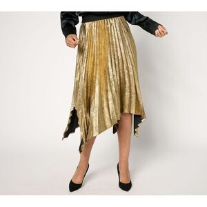 Susan Graver Women's Skirt Sz L Metallic Woven Pleated SKirt Birch Tan A667508